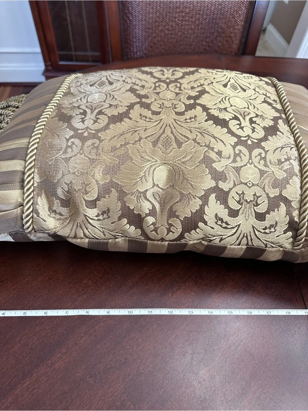 2 Vintage Style Gold Damask Ornate Regency Throw Pillows Fringe Tufted Square